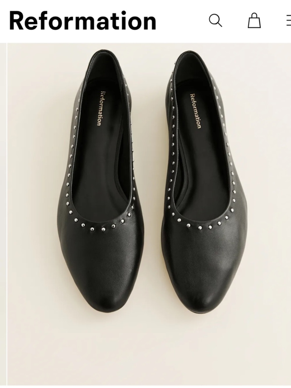 Reformation Maren Ballet Flat Shoes Sz 7.5 Black Soft Leather Studded Classic